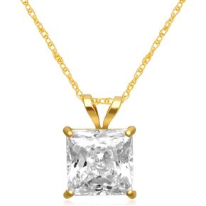 Jewelili 10K Yellow or White Gold 6 MM (1 Cttw), 7 MM (1.5 Cttw) & 7.5MM (2.0 Cttw) Princess Cut Cubic Zirconia Solitaire Pendant Necklace 18" Rope Chain