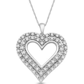Jewelili Sterling Silver 1Cttw Natural White Round Diamond Heart Shape Pendant Necklace, 18" Rope Chain