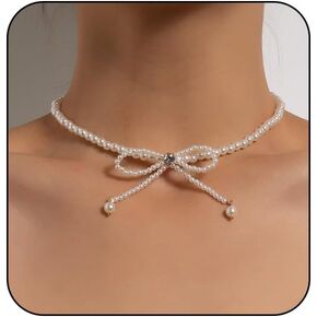 FUTIMELY Pearl Bow Choker Necklace for Women Girls,White Pearl Beaded Necklace Pearl Crystal Bow Necklace Fashion Wedding Christmas Vintage Jewelry Gift