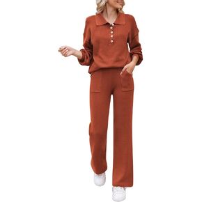 Meenew Women's 2 Piece Sweatsuit Sweater Outfits Collared V Neck Knitted Pullover Tops Wide Leg Pants Set Loungewear in Kuwait