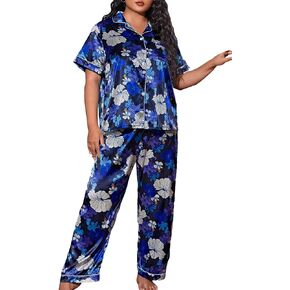 WDIRARA Women's Plus Size Sleepwear Floral Print Button Front Short Sleeve Shirt and Pants Satin Pajama Set
