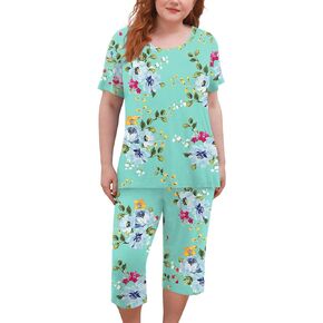 POPYOUNG Plus Size L-5XL Short Sleeves Tunic Top Women's Pajamas sets with Comfy Capri Pants Sleepwear Pjs Sets with Pockets