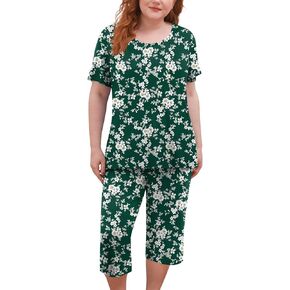 POPYOUNG مقاس كبير L-5XL بأكمام قصيرة طقم بيجامات نسائية مع سروال كابري مريح طقم ملابس نوم Pjs مع جيوب
