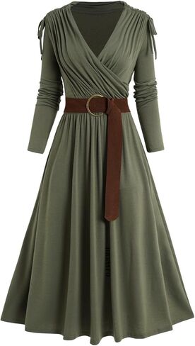 فستان DRESSFO نسائي لخريف 2023 ميدي كاجوال بأكمام طويلة ورقبة على شكل V وخصر عالٍ وحزام على شكل حرف A فساتين ملفوفة in Kuwait