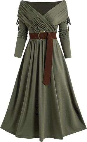 فستان DRESSFO نسائي لخريف 2023 ميدي كاجوال بأكمام طويلة ورقبة على شكل V وخصر عالٍ وحزام على شكل حرف A فساتين ملفوفة in Kuwait