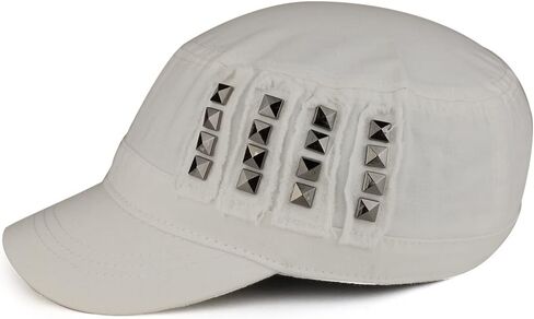 Distressed Flat Top Metallic Studded Frayed Cadet Style Army Cap in Saudi Arabia