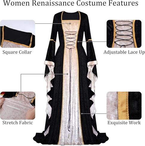 فستان عصر النهضة زي نسائي من القرون الوسطى للهالوين كوسبلاي مخملي أيرلندي ريترو قوطي ثوب طويل فوق الفساتين in Kuwait