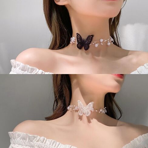 2Pcs Pearl Butterfly Necklace for Women,Pearl Necklace Choker Necklace for Women Layered Necklaces for Women Everyday Jewelry Gifts in Kuwait