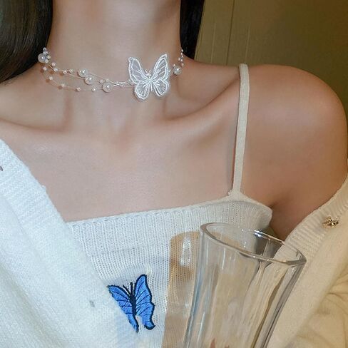 2Pcs Pearl Butterfly Necklace for Women,Pearl Necklace Choker Necklace for Women Layered Necklaces for Women Everyday Jewelry Gifts in Kuwait