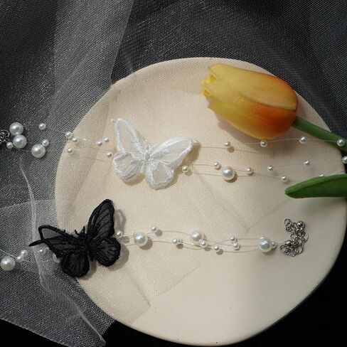 2Pcs Pearl Butterfly Necklace for Women,Pearl Necklace Choker Necklace for Women Layered Necklaces for Women Everyday Jewelry Gifts in Kuwait