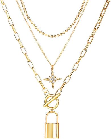 Lock Layered Necklaces Rhinestone Star Pendant Necklace Fashion Gold Choker Necklace for Women and Teen Girl in Kuwait