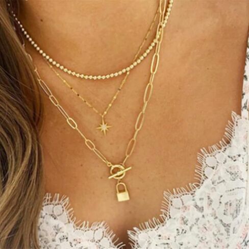 Lock Layered Necklaces Rhinestone Star Pendant Necklace Fashion Gold Choker Necklace for Women and Teen Girl in Kuwait