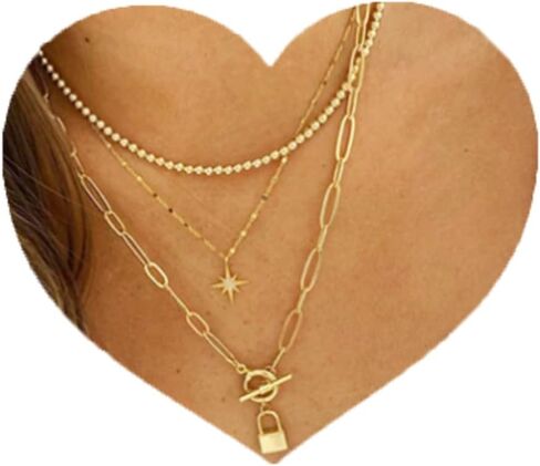 Lock Layered Necklaces Rhinestone Star Pendant Necklace Fashion Gold Choker Necklace for Women and Teen Girl in Kuwait