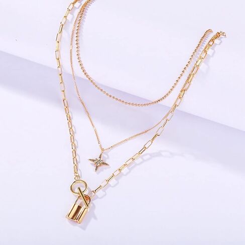 Lock Layered Necklaces Rhinestone Star Pendant Necklace Fashion Gold Choker Necklace for Women and Teen Girl in Kuwait