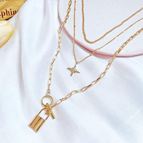 Lock Layered Necklaces Rhinestone Star Pendant Necklace Fashion Gold Choker Necklace for Women and Teen Girl in Kuwait