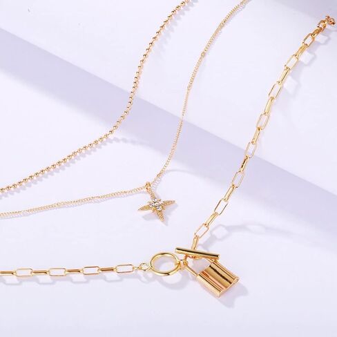 Lock Layered Necklaces Rhinestone Star Pendant Necklace Fashion Gold Choker Necklace for Women and Teen Girl in Kuwait