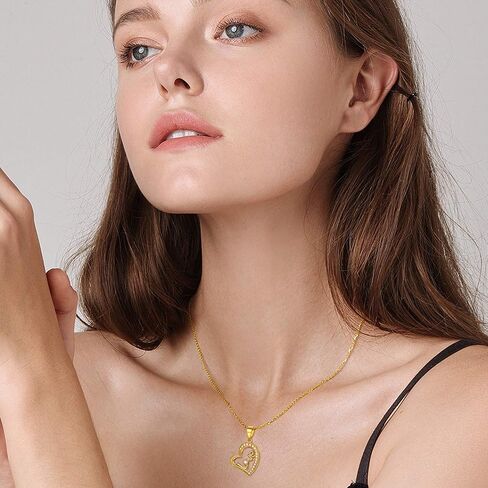 14K Solid Gold Heart Necklace for Women, Dainty Yellow Gold Love Heart Pendant Necklace Fine Love Jewelry for Her, Mom, Wife, Girls 16"-18" in Saudi Arabia