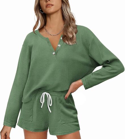 طقم بيجامة نسائية من Ekouaer بأكمام طويلة وسروال قصير مكون من قطعتين ملابس رياضية مع جيوب S-XXL in Saudi Arabia