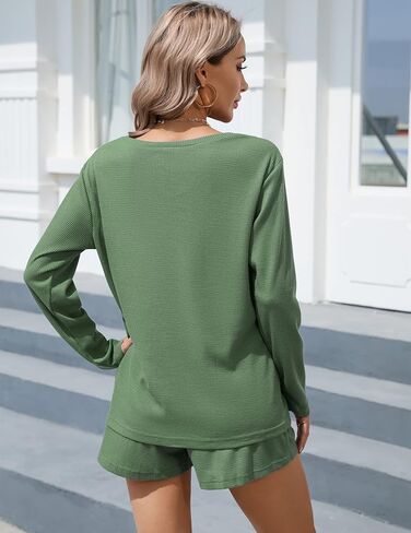 طقم بيجامة نسائية من Ekouaer بأكمام طويلة وسروال قصير مكون من قطعتين ملابس رياضية مع جيوب S-XXL in Saudi Arabia