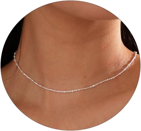 Gold/Silver Plated Choker Necklace for Women,Dainty Paperclip Thin Beaded Chain Trendy Shinning Dot Pendant Necklace Jewelry for Women in Kuwait