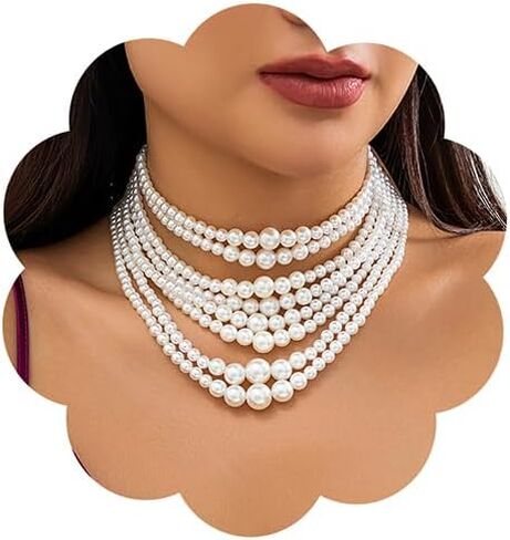 Jumwrit Boho 8 Tier Layered Pearl Choker Necklace Dainty Chunky Chain Multi Strand Pearl Beaded Pendant Necklace Vintage Gatsby Party Short Necklace Statement 1920s Flapper Accessories for Women Girls in Saudi Arabia