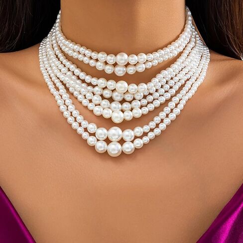 Jumwrit Boho 8 Tier Layered Pearl Choker Necklace Dainty Chunky Chain Multi Strand Pearl Beaded Pendant Necklace Vintage Gatsby Party Short Necklace Statement 1920s Flapper Accessories for Women Girls in Saudi Arabia