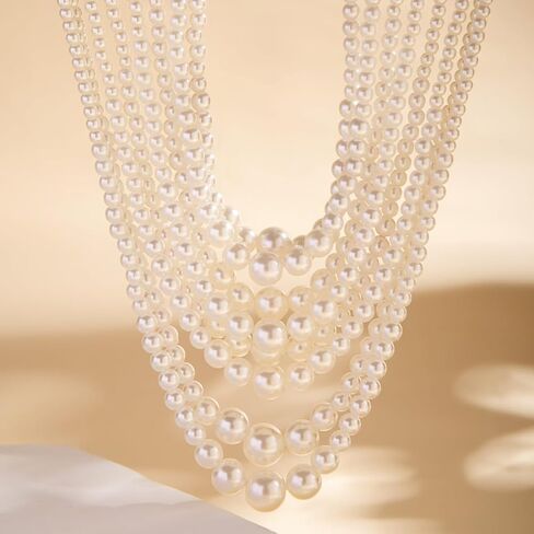 Jumwrit Boho 8 Tier Layered Pearl Choker Necklace Dainty Chunky Chain Multi Strand Pearl Beaded Pendant Necklace Vintage Gatsby Party Short Necklace Statement 1920s Flapper Accessories for Women Girls in Saudi Arabia