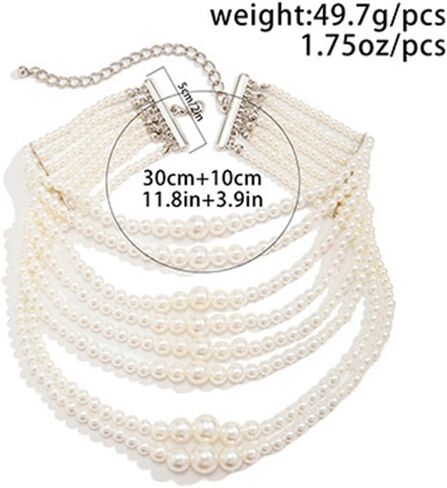 Jumwrit Boho 8 Tier Layered Pearl Choker Necklace Dainty Chunky Chain Multi Strand Pearl Beaded Pendant Necklace Vintage Gatsby Party Short Necklace Statement 1920s Flapper Accessories for Women Girls in Saudi Arabia
