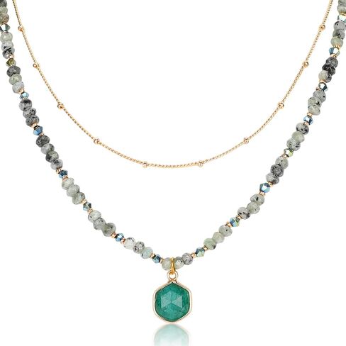 Boho Beaded Necklace Layered Pendant Necklace Natural Stone Handmade Necklace Jewelry Gifts for Women Girls in Saudi Arabia