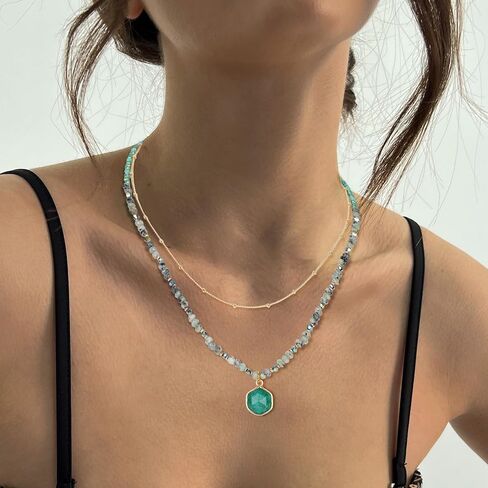 Boho Beaded Necklace Layered Pendant Necklace Natural Stone Handmade Necklace Jewelry Gifts for Women Girls in Saudi Arabia