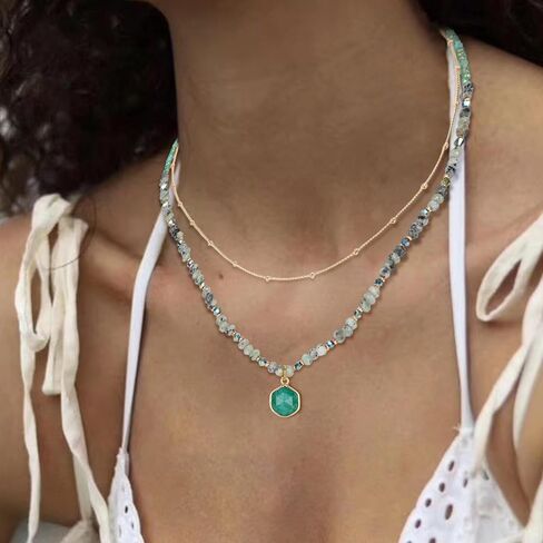 Boho Beaded Necklace Layered Pendant Necklace Natural Stone Handmade Necklace Jewelry Gifts for Women Girls in Saudi Arabia