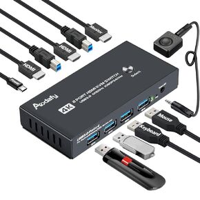 KVM Switch 1 Monitors 2 Computers USB Switch Share 4 USB Devices HDMI KVM Switch Shared Keyboard Mouse Hard Drive 4K@60Hz KVM Switches Support Wired Switching and Button Switching Adaptive Edid
