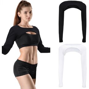 2 Pieces Shrug Women Crop Tops Cutout Workout Bolero Shrug for Ballet Yoga Sports Tee Casual Cropped Sweatshirts Black and White Standard Size for Most Women in Kuwait