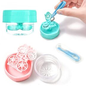 Cute Contact Lens Case, 2 Pack Cartoon Portable Fashion Glasses Travel Storage Box, Manually Contact Lens Washer Container and Tool Tweezers Kit(Pink & Green)