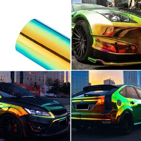 Holographic Laser Metallic Orange Green Car Vinyl Wrap Chameleon Chrome Self Adhesive Vinyl Wrap Multi Color Change DIY Car Body Film, 53.14'' x 7.87''