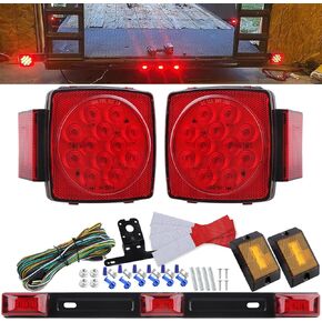 12V Boat LED Trailer Lights Kit Wiring, Square LED Stop Brake Turn Signal Running License Lights Submersible w/Amber Trailer Marker Lights Reflex, 15" 3-lamp Red Clearance Trailer ID Light Bar Strip