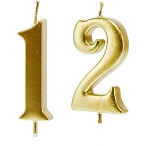 Gold 12th Birthday Candles, Number 12 Cake Topper for Birthday Decorations