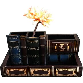 Tosnail Decorative Pen Holder with Storage Compartment, Wooden Pencil Holder and Organizer, Antique Library Books Design Pen Cup Caddy for Office Supplies, Countertop, Desk, Table in Saudi Arabia
