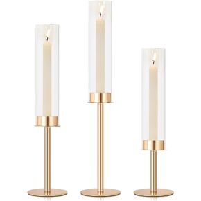 Gold Glass Hurricane Candle Holder Set of 3 Gold Taper Candle Holder with Glass Cover, Tall Candle Sticks Holder Decor Indoor Outdoor Windproof Gold Candlestick Holder for Home Wedding Party Christmas