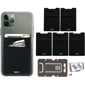Adhesive Phone Pocket,Cell Phone Stick On Card Wallet Sleeve,Credit Cards/ID Card Holder(Double Secure) with Sticker for Back of iPhone,Android and All Smartphones-(Black)-5PC