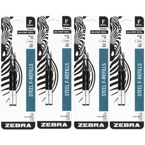 Zebra Ballpoint Pen F-Refill 85412, 1.0mm, Medium Point, Black, 4 Pack, 8 Refills