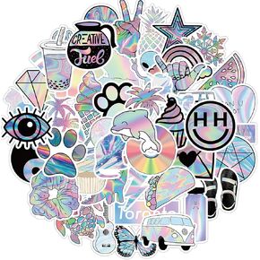Cute Holographic Stickers for Water Bottles, 50 Pack Cute Vsco Vinyl Aesthetic Waterproof Stickers Laptop Hydroflask Skateboard Computer Stickers for Teens Kids Girls
