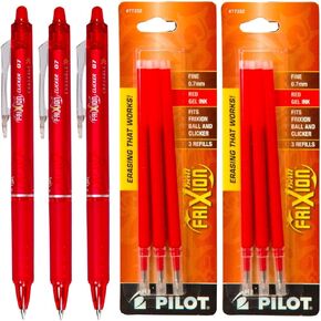 Pilot FriXion Clicker Retractable Gel Ink Pens, Eraseable, Fine Point 0.7mm, Red Ink, Pack of 3 with Bonus 2 Packs of Refills