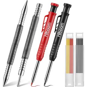 Hiboom Spring Nail Set and Hinge Pin Removal Tool, 2 Pcs Carpenter Pencil with Sharpener, Mechanical Carpenter Pencil Set with 12 Pcs Refills, Dual Head Spring Loaded Nail Set for Construction/Metal