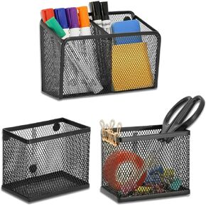 Locker Shelf Organizer, Magnetic Pencil Holder, Metal Storage Basket for Whiteboard, Refrigerator, Ideal Cabinet for School, Black (Pack 3L)