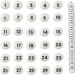 Stainless Steel Numbered Tags, Round Metal Key Tags ID Tags with Rings (1-30)