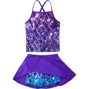 Girls Two Piece Swimsuits Tankini Bathing Suits Mermaid Criss-Cross Strap Adjustable Summer Beach Swimwear Size 5-12