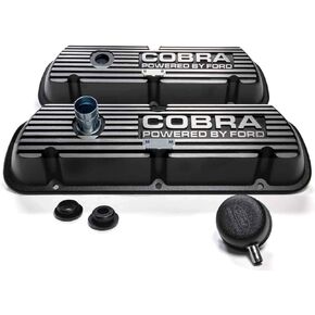 Valve Cover, Short, Baffled, Breather Hole, Breather, Cobra Logo, Aluminum, Black Wrinkle Paint, Small Block Ford, Pair