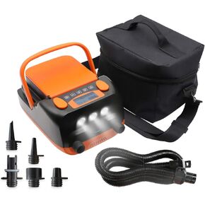 Tuomico Rechargeable LCD Electric Air Pump with 2 USB Ports, Max 16PSI SUP Pump with 6 Nozzles & 3 LED Lights for Boats, Stand Up Paddle Board, Dual Stage Inflation & Auto-Off Feature