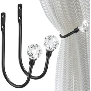 Curtain Holdback, Curtain Tiebacks Hooks Crystal Curtain Holders Wall Mounted Decorative Curtain Pull Back for Drapes Metal Heavy Duty Window Treatment U Shaped Curtain Drapery Holdbacks Black 2 Pack